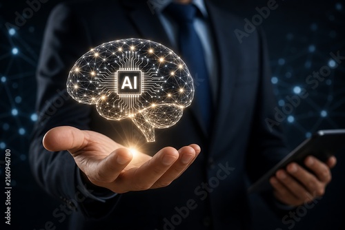 Hand holding glowing brain with ai circuit and smartphone on dark background