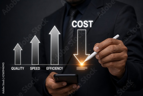 Hand holding smartphone with cost reduction arrow on digital graph background