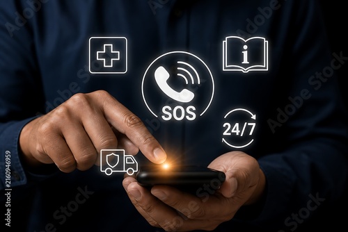 Hand holding smartphone with glowing sos symbol and emergency icons on dark background