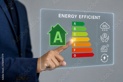 Hand pointing at energy efficiency rating chart with green house icon on digital screen