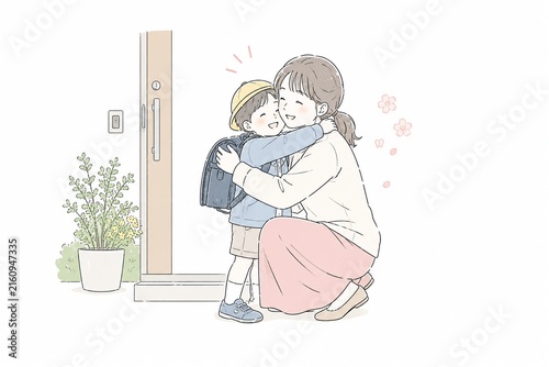 玄関でランドセルを背負った子供を優しく抱きしめる母親の温かいイラスト