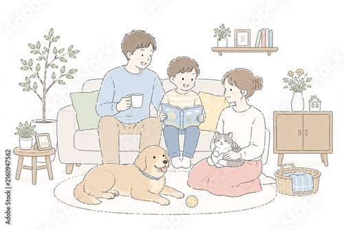 リビングで絵本を読み、犬や猫とくつろぐ家族の穏やかな団らんのイラスト