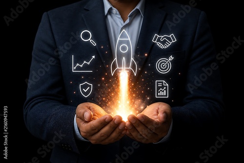 Hands holding glowing rocket icon with business symbols over dark background