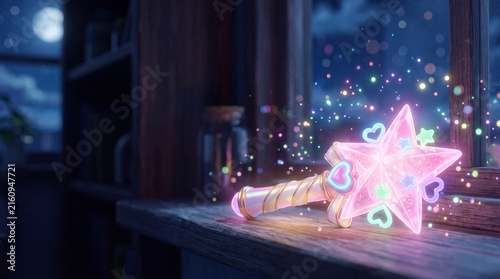 夜の窓辺に置かれた光り輝く星型の魔法のステッキ（アニメ風・ファンタジー