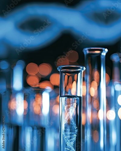 Close-up of test tubes with DNA strand in liquid, abstract background lights