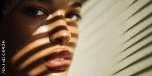 Beautiful young woman with glowing skin posing gracefully while natural light, sunlight creates artistic linear shadows lines across her face in this stunning and intimate close up portrait shot