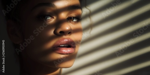 Face beautiful young woman with glossy lips and natural curly hair posing under light, sunlight lines, striking window blinds shadows creating artistic high contrast lighting, dramatic portrait
