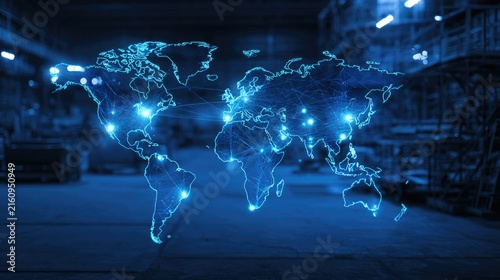 Glowing world map with connections overlaid on an industrial warehouse