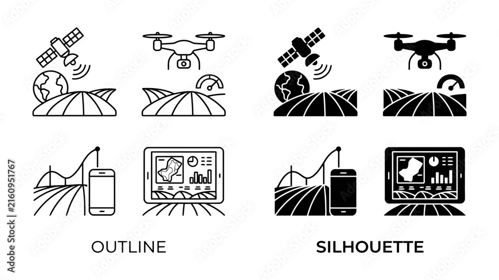 Fototapeta premium Smart Farming Technology Icons: A set of outline and silhouette icons illustrating smart farming concepts, including satellites, drones, a tablet, and a smartphone.