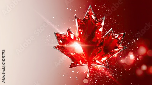 Glittering red maple leaf emblem, radiant light, sparkling particles, bokeh background