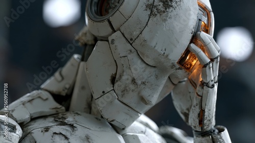 Worn white humanoid robot with visible cracks and internal orange lighting, seated in a dark industrial environment