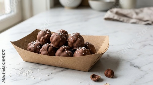 Chocolate Covered Hazelnuts in Rustic Paper Dish