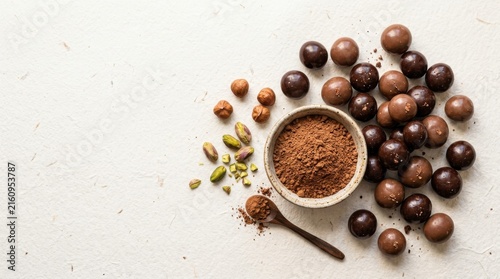 Chocolate Covered Hazelnuts Cocoa Powder and Pistachios