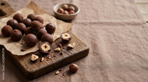 Chocolate Covered Hazelnuts on Rustic Wooden Board