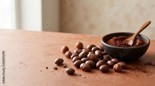Chocolate Covered Raisins and Cocoa Powder on a Textured Surface