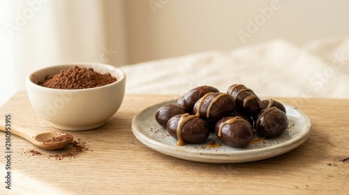 Chocolate Covered Raisins and Cocoa Powder on Plate and Bowl