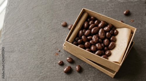 Chocolate Covered Raisins in a Cardboard Box