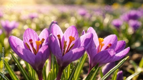 Purple crocus flowers blooming in a sunny garden, surrounded by soft greenery and colorful spring blossoms, creating a vibrant natural floral scene