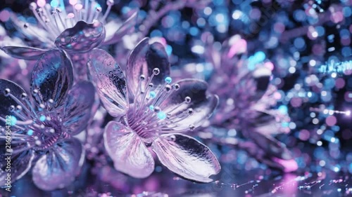 Delicate purple flowers with sparkling water droplets, illuminated by soft light, creating an enchanting botanical scene with dreamy bokeh and vibrant textures