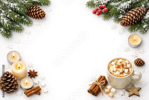 Winter holiday theme with coffee and cocoa, pinecones, candle, marshmallow, cookies, cinnamon, chocolate, whipped cream, and candy cane decorations