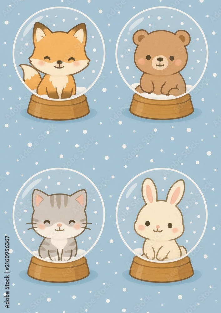 Naklejka premium Cute animal snow globe wallpaper.
