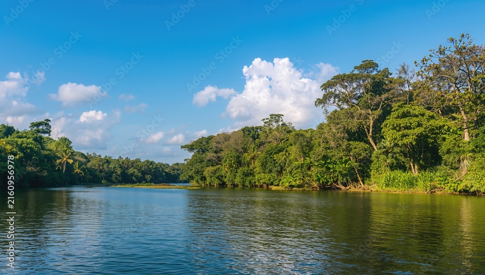 Obraz premium Lush Green Jungle River Under a Clear Blue Sky with Fluffy Clouds