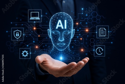 Hand holding glowing ai head with digital icons and circuit patterns