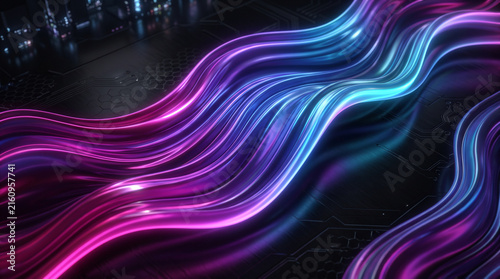 Vibrant neon liquid waves in motion. Glossy abstract fluid art with dynamic color reflections for modern design.