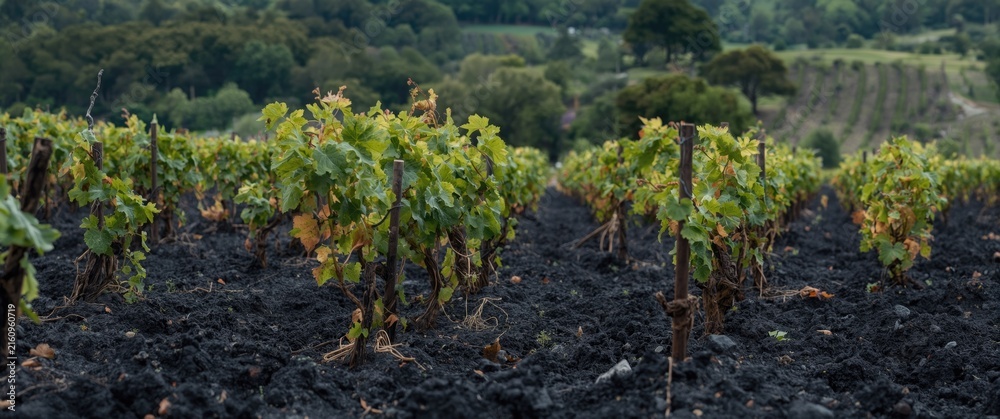 Naklejka premium Vineyard Rows with Green Grapevines Against a Dull Background in Late Autumn