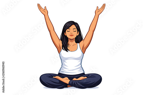 A cartoon illustration of a woman sitting in meditation pose with her hands on her heart.