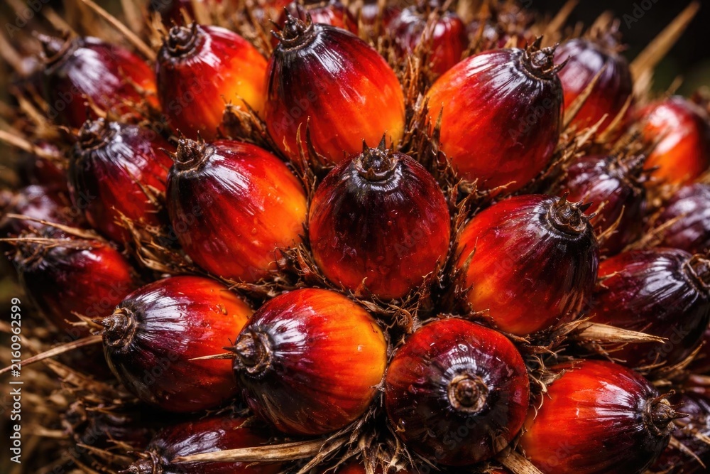 Fototapeta premium Ripening Palm Oil Fruit Cluster Closeup with Textured Background