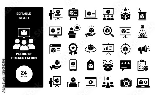 Editable glyph icon set for product presentation, product showcase, sa
