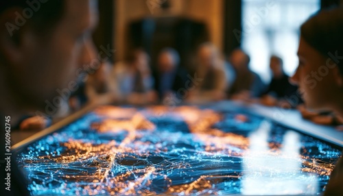 Business team gathered around interactive digital map table in conference room