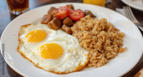 Fried Eggs with Rice and Sausage Accompanied by Sliced Tomatoes on a Plate