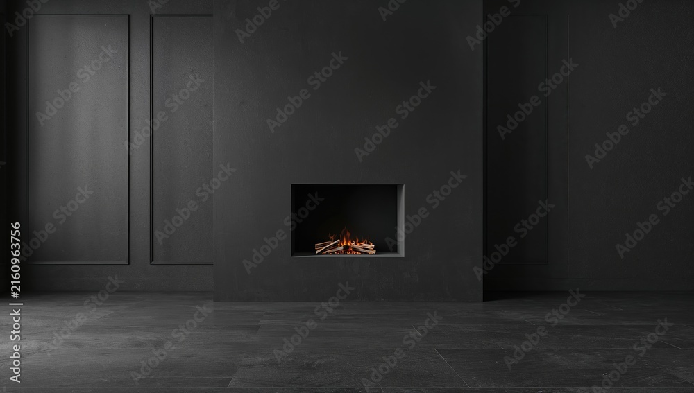 Fototapeta premium Modern Minimalist Fireplace with Flames in Dark Interior Setting
