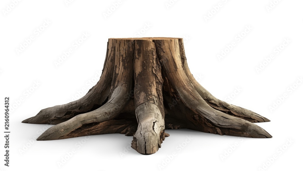 Fototapeta premium Tree Stump with Exposed Roots Isolated on White Background