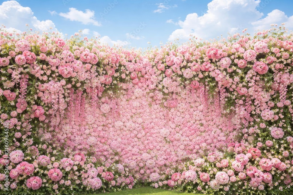 Obraz premium Floral Wall of Pink Roses with Blue Sky and Soft Clouds