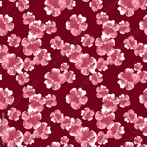 Watercolor burgundy flowers seamless floral pattern