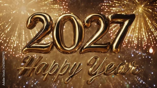 Golden 2027 year text with shimmering lights during celebratory fireworks display
