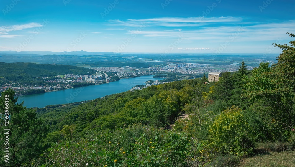 Fototapeta premium Panoramic View of City and River from Hilltop - Clear Blue Sky, Lush Greenery