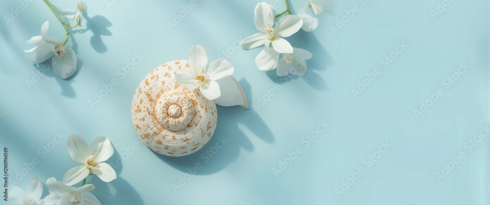 Obraz premium Seashell Surrounded by White Flowers on a Soft Blue Background