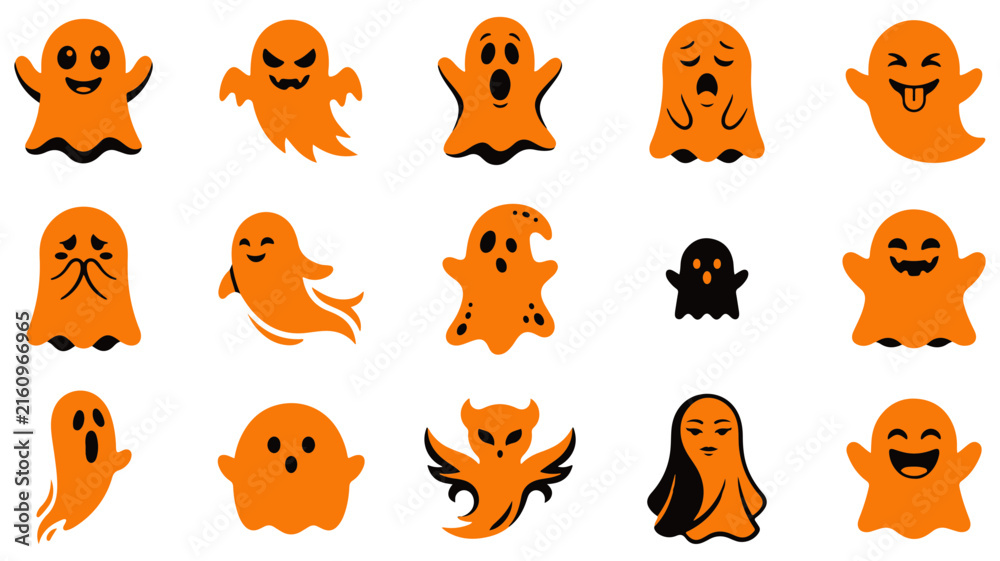 Fototapeta premium Collection of cute and spooky orange ghost characters for halloween designs and celebrations