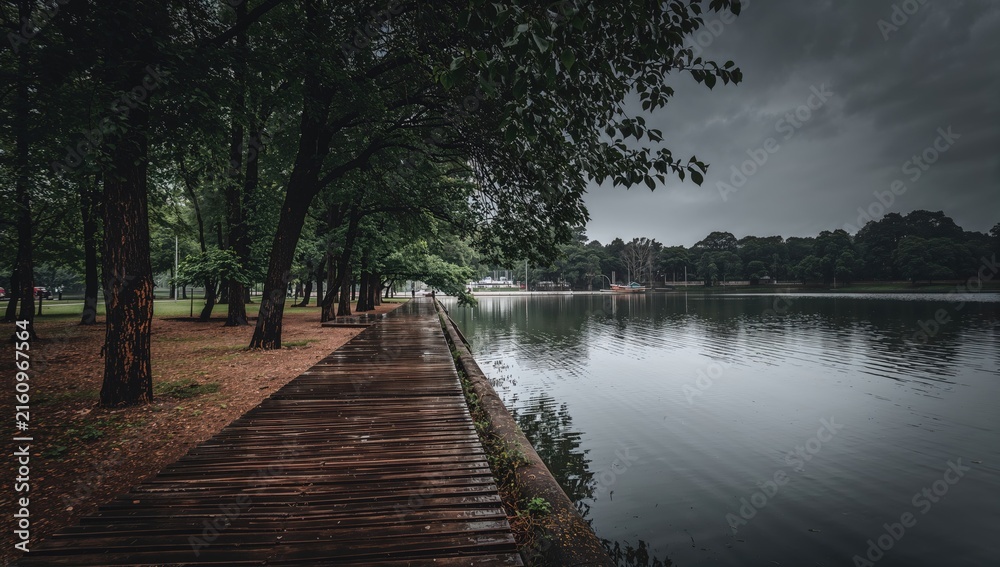 Fototapeta premium Serene Wooden Path Along Calm Lake Surrounded by Trees on a Cloudy Day