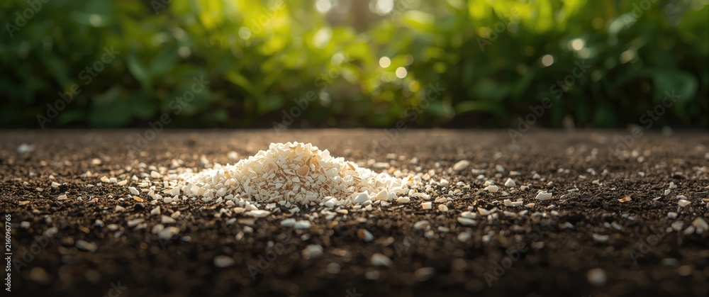 Fototapeta premium Pile of Grains on Dark Soil Under Soft Morning Light with Green Background