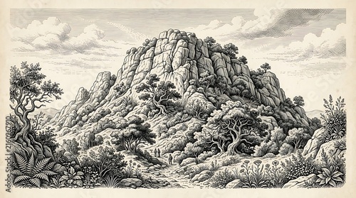 Vintage Engraving of a Rocky Mountain Hiking Trail Landscape