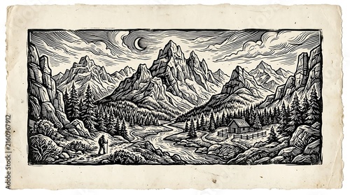 Vintage Linocut Mountain Landscape with Hiker and Cabin