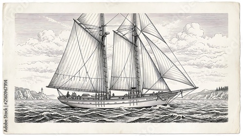 Vintage Engraving of a Two Masted Schooner Sailing at Sea