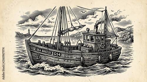 Vintage Nautical Woodcut Illustration of a Fishing Boat at Sea