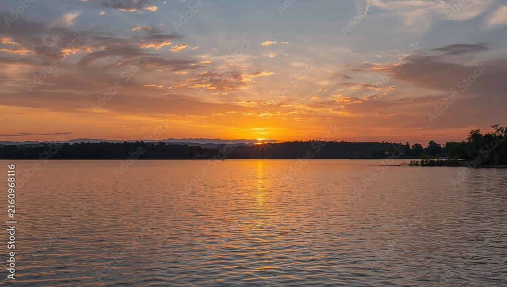 Obraz premium Sunset Reflection on Calm Lake with Colorful Clouds and Silhouette of Trees