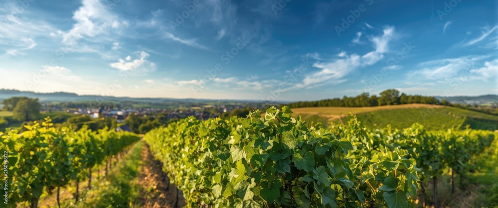 Naklejka premium Vineyard Landscape Under Clear Blue Sky in Late Afternoon Light